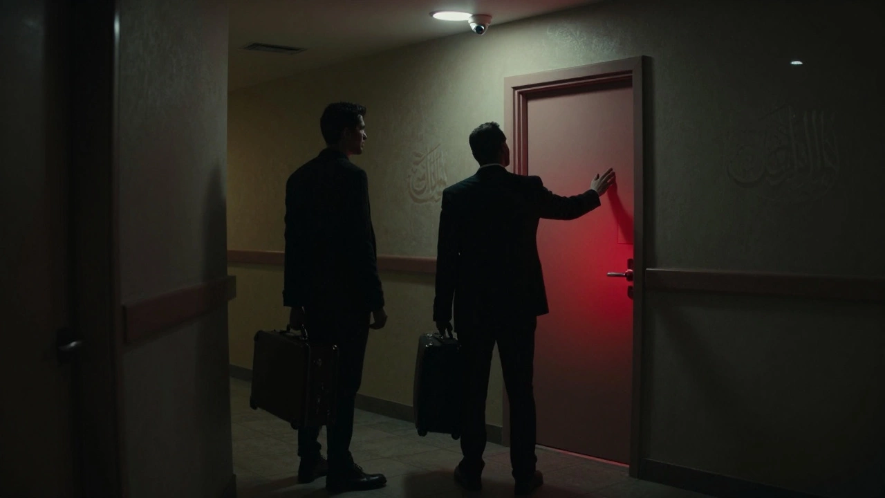 Silhouettes in hotel hallway with security camera and red light under door, night scene, no faces visible.