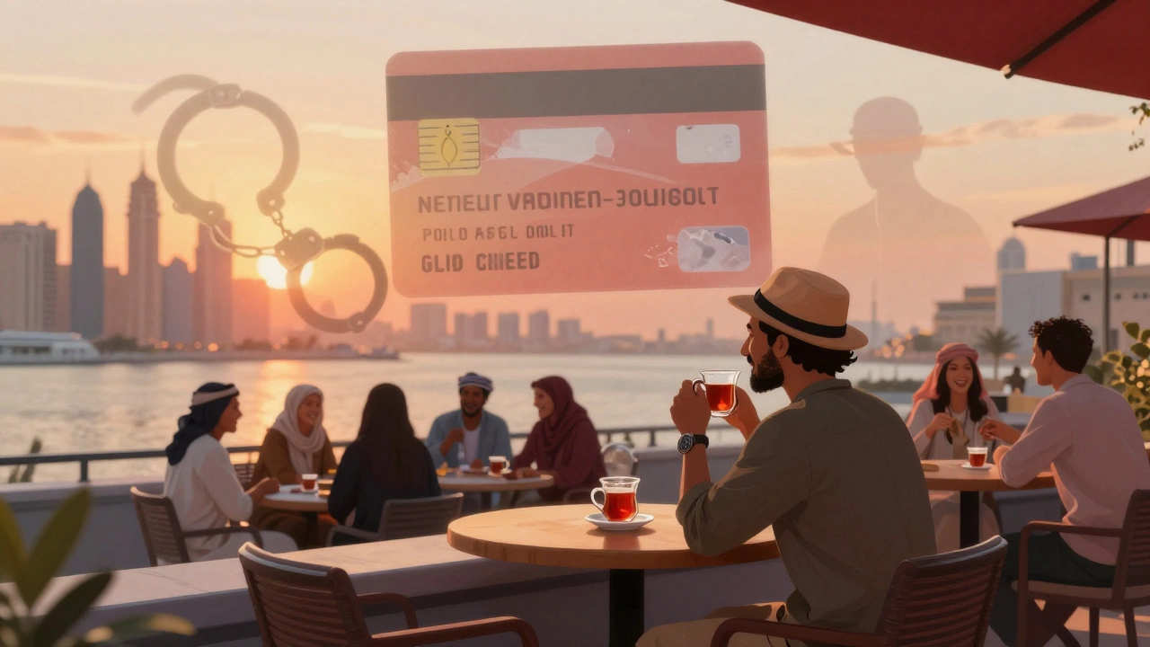 Traveler at rooftop café with cultural group nearby, ghostly images of legal consequences fading into sunset.